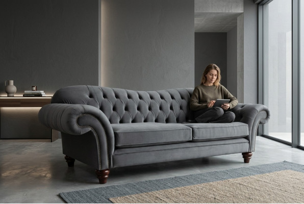 Grand canapé 4 places Canapé Chesterfield avec revêtement en tissu gris pour siège_SUITE newTextile