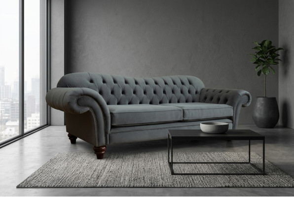 Grand canapé 4 places Canapé Chesterfield avec revêtement en tissu gris pour siège_SUITE newTextile