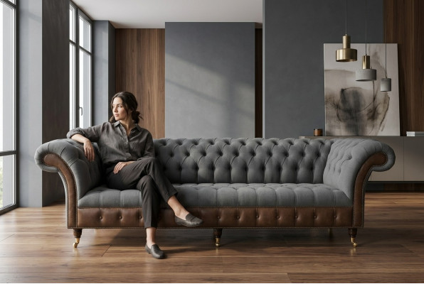 Canapé Chesterfield 4 places en cuir gris pour salon nouveau