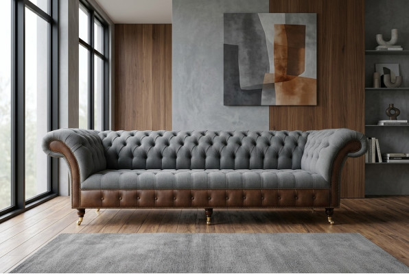Canapé Chesterfield 4 places en cuir gris pour salon nouveau