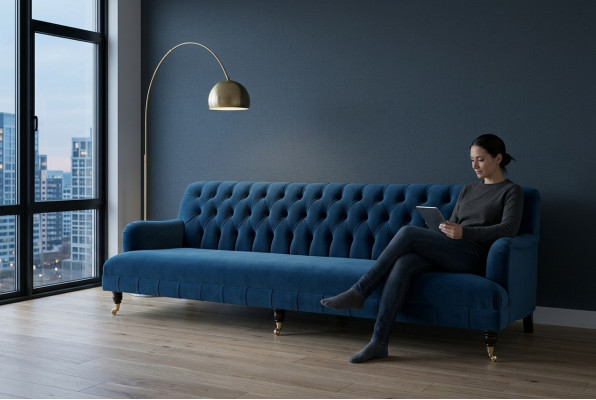 Grand canapé Chesterfield bleu quatre places XXL de luxe en tissu Canapé Rembourré