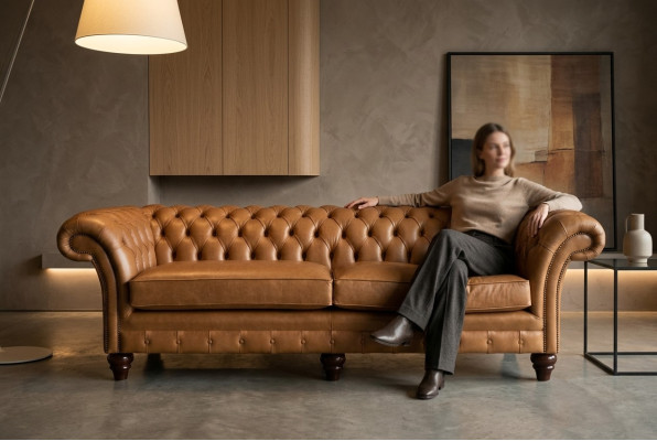 Canapé Chesterfield marron de luxe 4 places en tissu d'ameublement