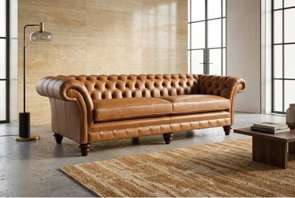 Canapé Chesterfield marron de luxe 4 places en tissu d'ameublement