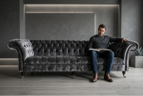 Designer canapé Chesterfield de luxe gris 4 places en tissu