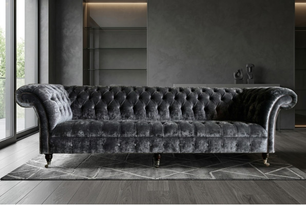 Designer canapé Chesterfield de luxe gris 4 places en tissu
