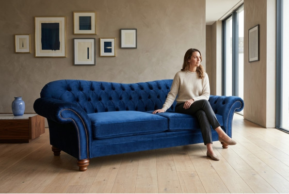 Canapé design 4 places Canapé avec revêtement en tissu bleu. Canapés classiques Chesterfield neufs