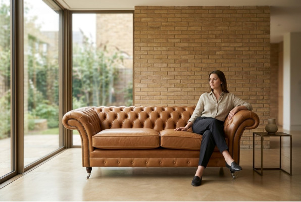 Canapé 3 places Chesterfield Canapé Rembourrage en cuir marron Textile