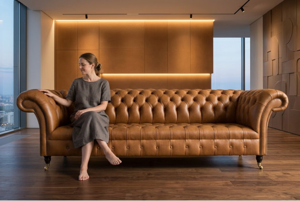 Ensemble de canapé Chesterfield design 4 places en cuir marron de luxe
