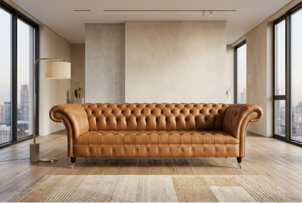 Ensemble de canapé Chesterfield design 4 places en cuir marron de luxe