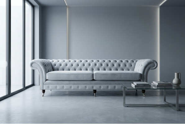 Canapé Chesterfield 4 places en tissu moderne en velours gris