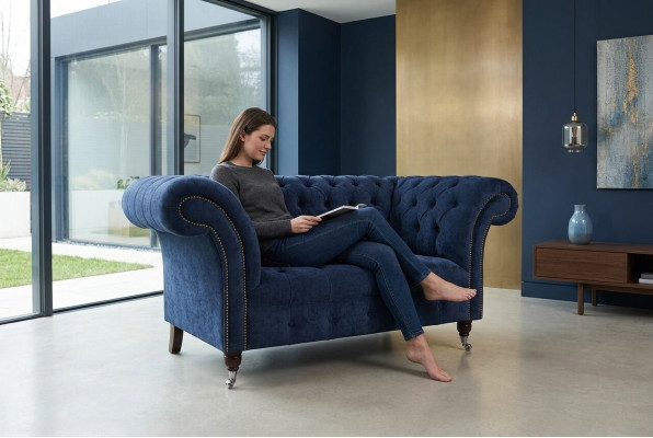Fauteuil Chesterfield Sofa rembourré Canapé 1,5 places Fauteuil une place Bleu Tissu