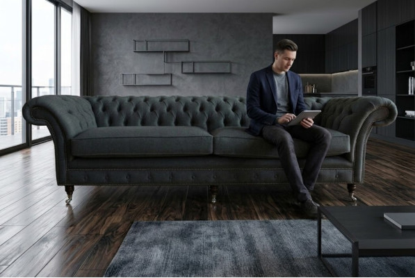 Original Chesterfield Canapé en cuir en tissu Chesterfield Upholstery Grand coussin de siège gris 265cm