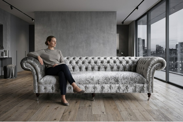 Canapé en cuir textile Chesterfield argenté rembourré avec un grand coussin de siège neuf de 265 cm.