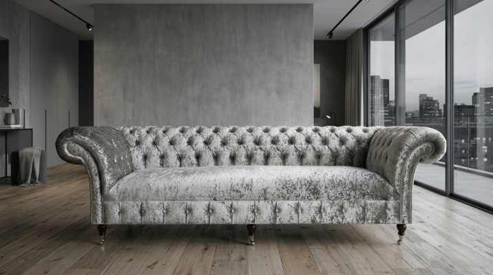 Canapé en cuir textile Chesterfield argenté rembourré avec un grand coussin de siège neuf de 265 cm.