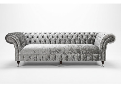 Canapé en cuir textile Chesterfield argenté rembourré avec un grand coussin de siège neuf de 265 cm.