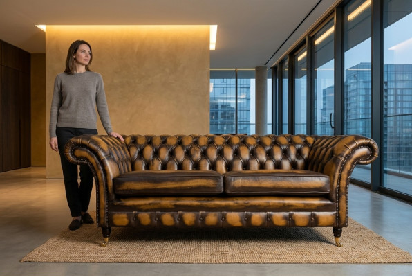 Élégant Chesterfield Brun Trois Places Canapé de Luxe en Tissu Designer Canapés