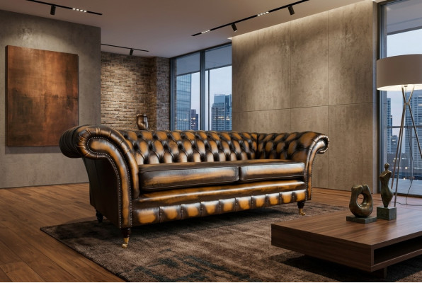 Élégant Chesterfield Brun Trois Places Canapé de Luxe en Tissu Designer Canapés