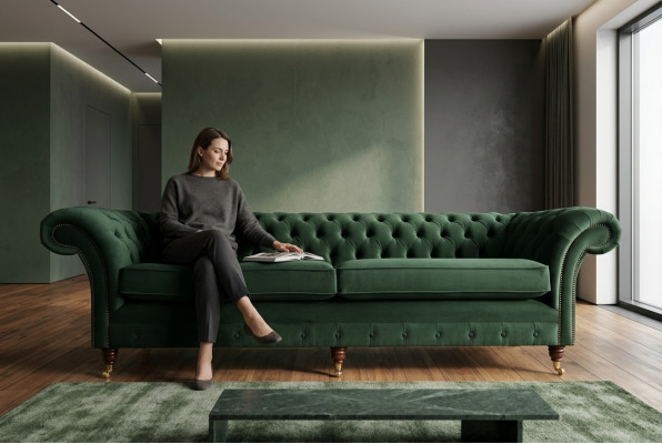 Canapé Chesterfield en cuir et tissu vert rembourré. Grand coussin d'assise XXL de 265 cm. Nouveau.
