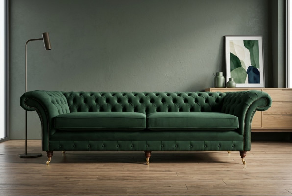 Canapé Chesterfield en cuir et tissu vert rembourré. Grand coussin d'assise XXL de 265 cm. Nouveau.