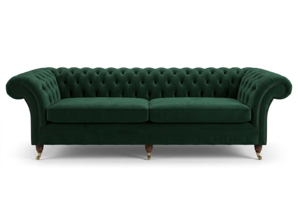 Canapé Chesterfield en cuir et tissu vert rembourré. Grand coussin d'assise XXL de 265 cm. Nouveau.