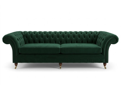 Canapé Chesterfield en cuir et tissu vert rembourré. Grand coussin d'assise XXL de 265 cm. Nouveau.