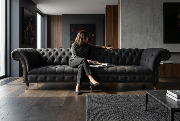 Canapé en cuir textile Chesterfield noir rembourré avec un grand coussin de siège xxl de 265 cm