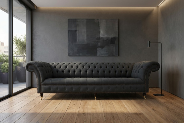 Canapé en cuir textile Chesterfield noir rembourré avec un grand coussin de siège xxl de 265 cm