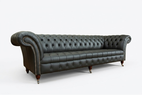 Canapé Chesterfield 4 places en tissu et cuir gris avec revêtement en cuir