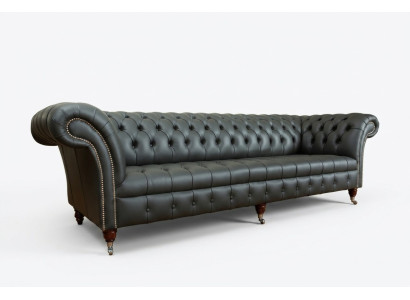 Canapé Chesterfield 4 places en tissu et cuir gris avec revêtement en cuir