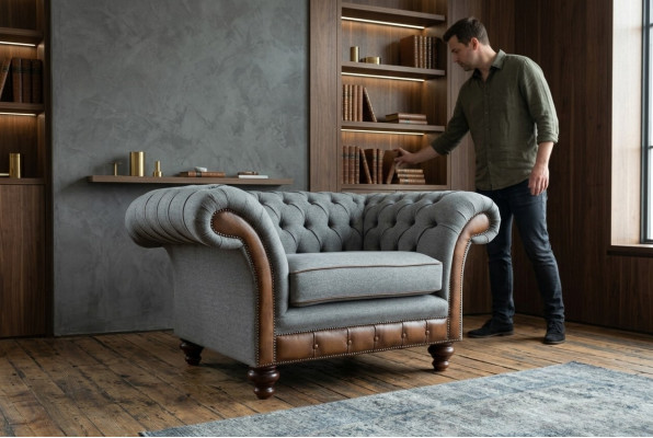 Canapé en tissu Chesterfield Design, fauteuil 1,5 places, canapé rembourré, salon en velours gris