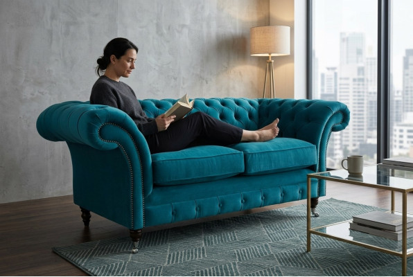 Canapé Chesterfield 2 places Designer Meubles Sofas Ensemble Turquoise Velours Neuf