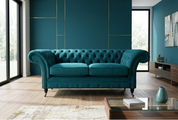 Canapé Chesterfield 2 places Designer Meubles Sofas Ensemble Turquoise Velours Neuf