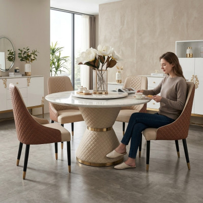 Table de salle à manger ronde + 4 chaises à dossier  5 pièces. Housse de siège ensembles Ess.