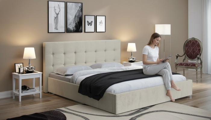 Beige 160x200 lit chambre à coucher lits textile cuir hôtel luxe rembourré grand neuf