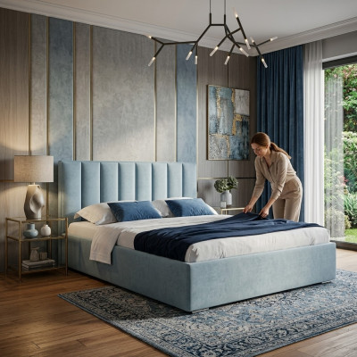 Lit bleu Cadres de lit modernes Meubles rembourrés Luxe Hôtels Lits Chambre