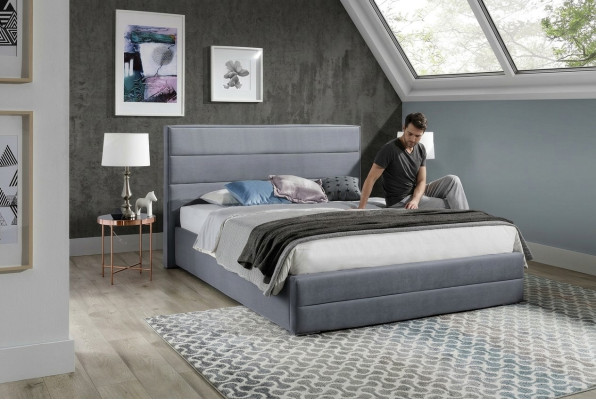 Lit design classique gris en cuir textile pour chambre à coucher, avec rembourrage en cuir, 180x200cm, neuf