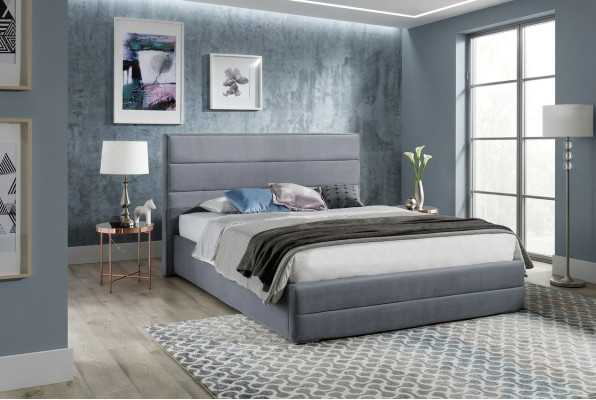 Lit design classique gris en cuir textile pour chambre à coucher, avec rembourrage en cuir, 180x200cm, neuf