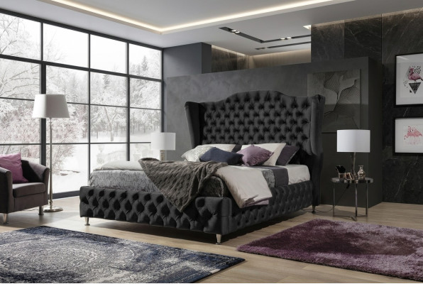 Lit double Chesterfield noir rembourré de luxe pour la chambre à coucher design.