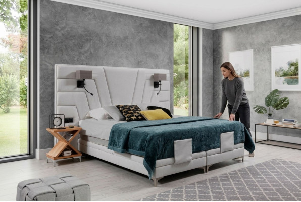 Lit Lits Lit double Chambre Rembourrage en cuir Textile Hôtel + Lampes