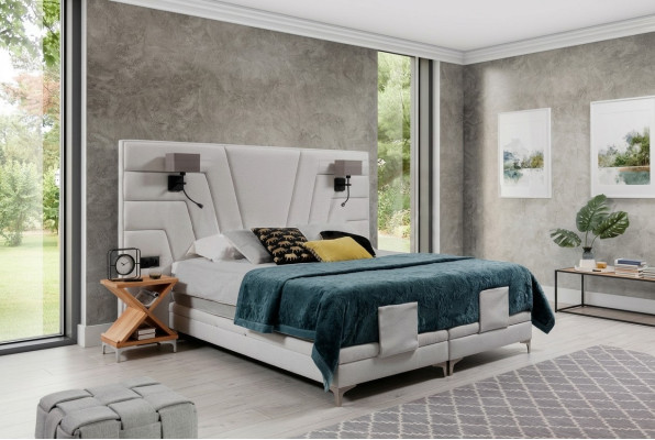 Lit Lits Lit double Chambre Rembourrage en cuir Textile Hôtel + Lampes