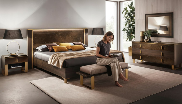 Ensemble de chambre à coucher moderne de luxe, 2 tables de chevet italiennes, ensemble de 3 pièces.