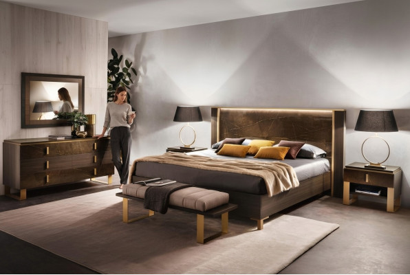 Lit Table de chevet Commode 4 pièces. Ensemble de chambre Décoration Design Moderne Luxe