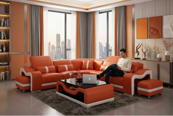 Canapé en cuir Canapé Canapé vivant Canapé d'angle Suite Eck Design Moderne Canapé avec USB