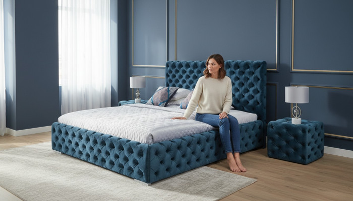 Lit double Chambre en velours Lits Cadre de lit Chesterfield Table de chevet Ensemble de 3 pièces