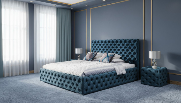 Lit double Chambre en velours Lits Cadre de lit Chesterfield Table de chevet Ensemble de 3 pièces