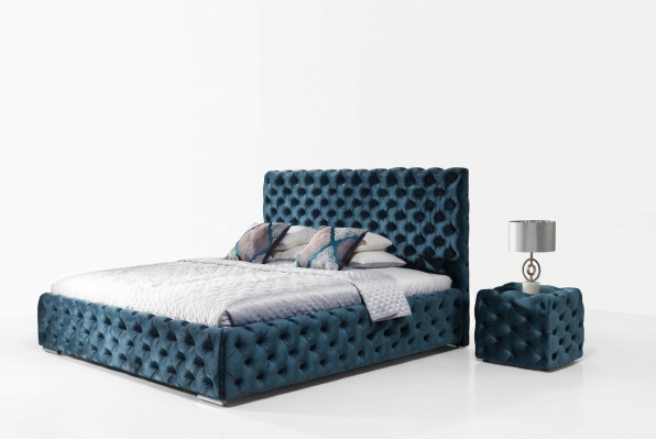 Lit double Chambre en velours Lits Cadre de lit Chesterfield Table de chevet Ensemble de 3 pièces
