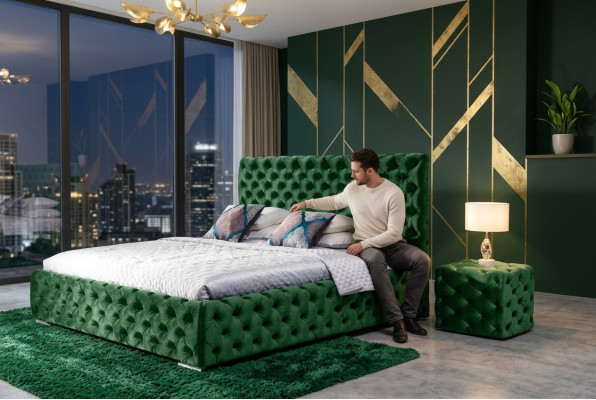 Lit Ensemble de chambre à coucher Design Mobilier Moderne Lits de luxe Chesterfield Vert 140x200