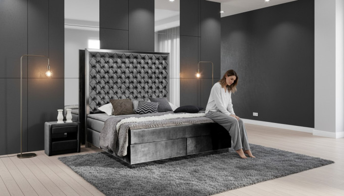 Ensemble de chambre à coucher avec lit boxspring 3 pièces en textile, lit avec deux tables de nuit, lits design neuf.