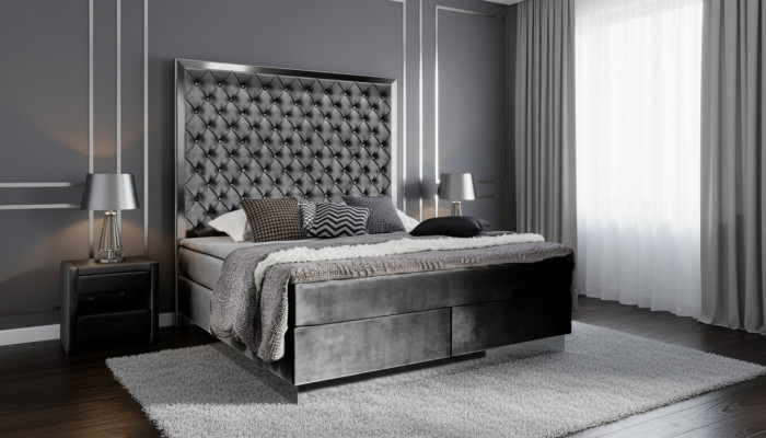 Ensemble de chambre à coucher avec lit boxspring 3 pièces en textile, lit avec deux tables de nuit, lits design neuf.