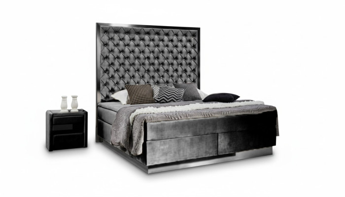 Ensemble de chambre à coucher avec lit boxspring 3 pièces en textile, lit avec deux tables de nuit, lits design neuf.